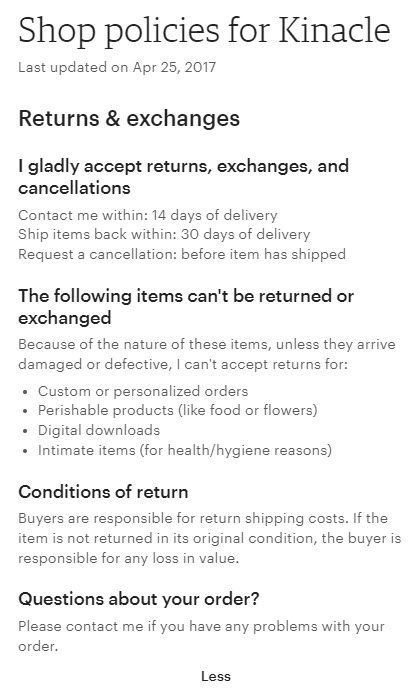 Etsy Detailed Returns Policy
