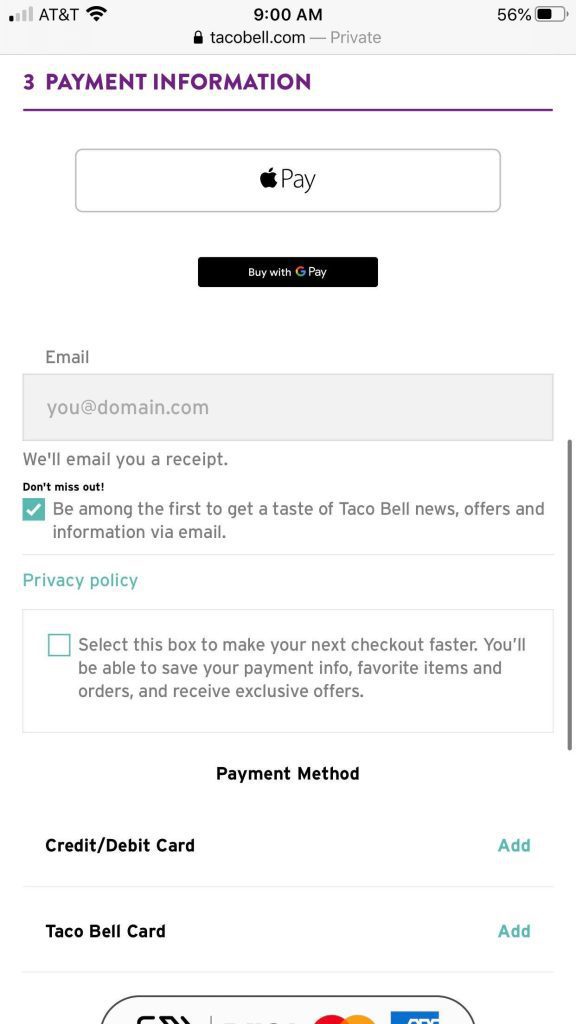 Payment Options On Taco Bell Mobile Website