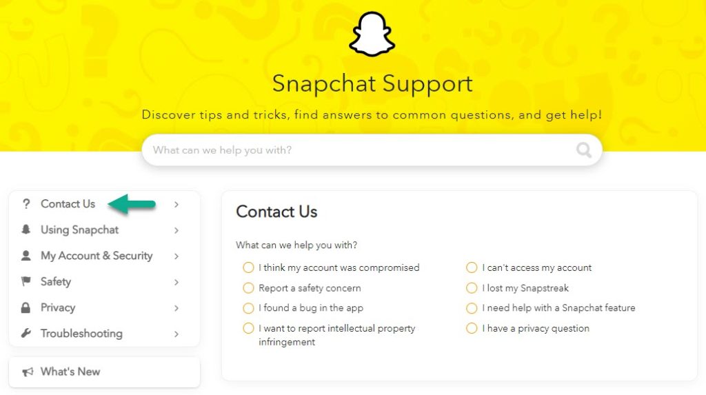 Contacting Snapchat Support Through Snapchat's Website