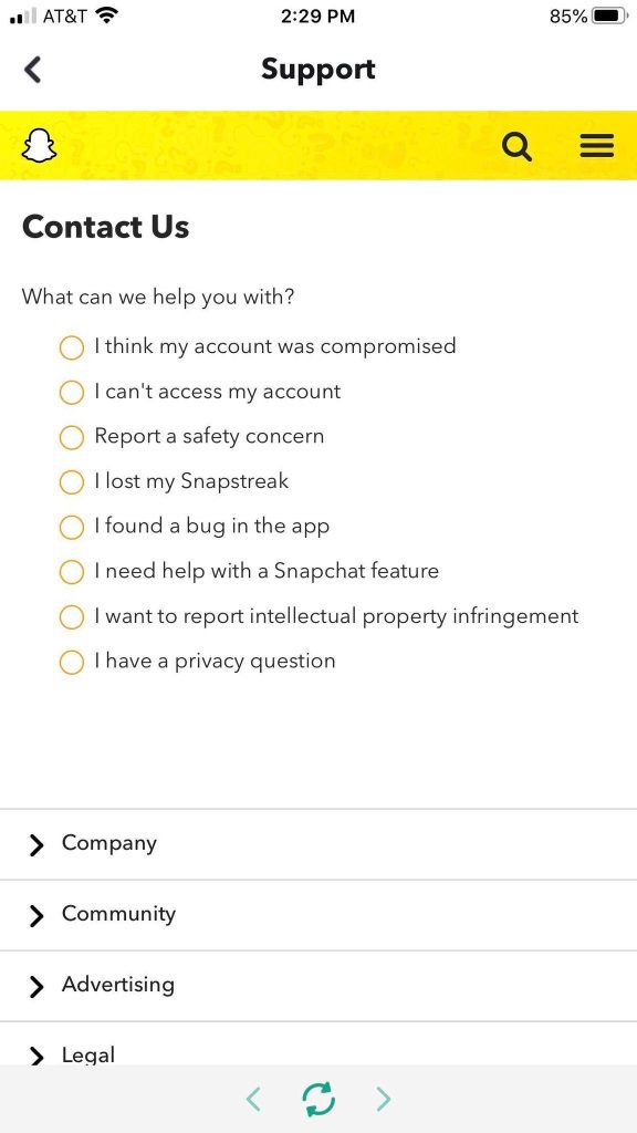 Contacting Snapchat Support Within The Snapchat App