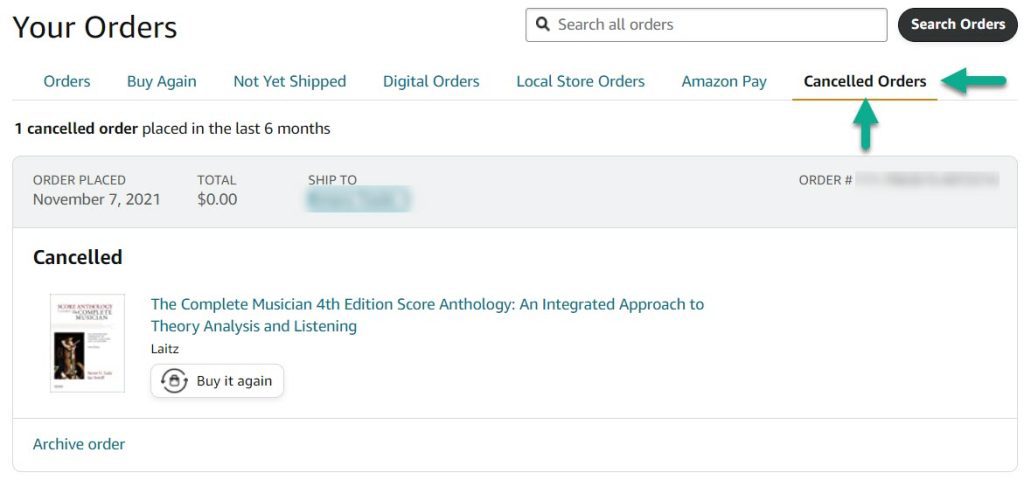 Cancelled Orders Button On Amazon