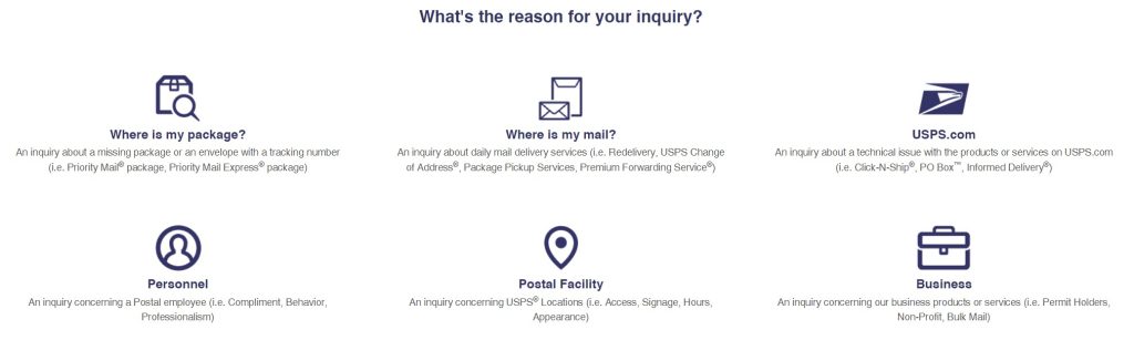 Emailing USPS - Selecting Reason For Inquiry