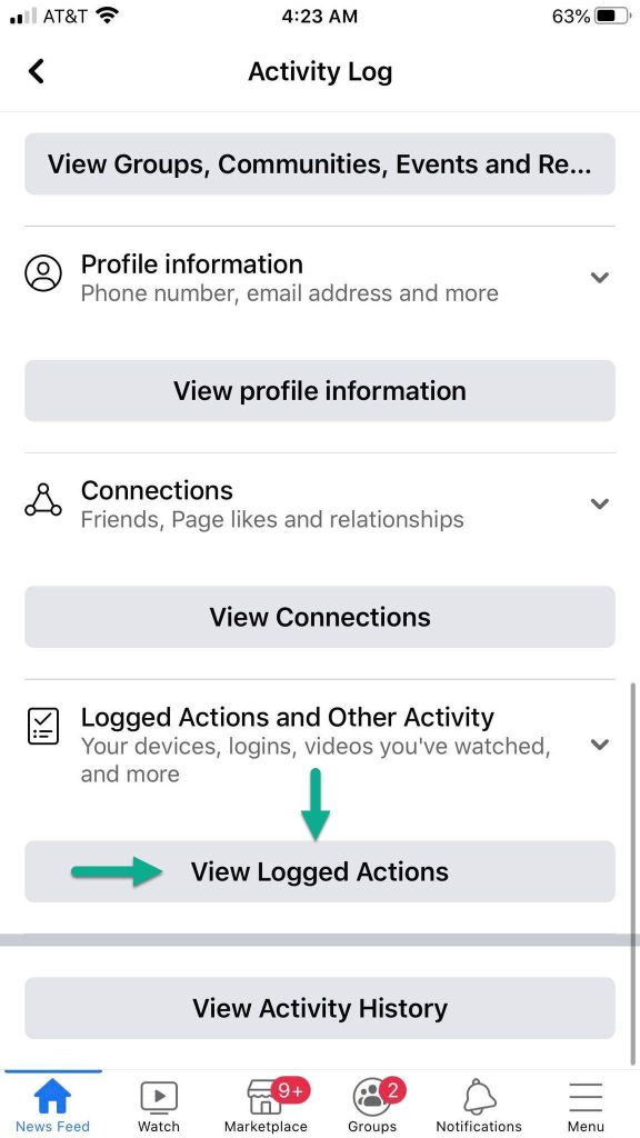View Logged Actions Button - Facebook