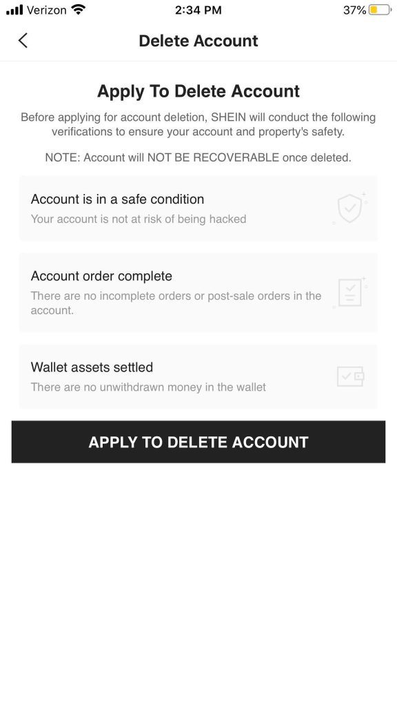 Apply To Delete Account, Shein App