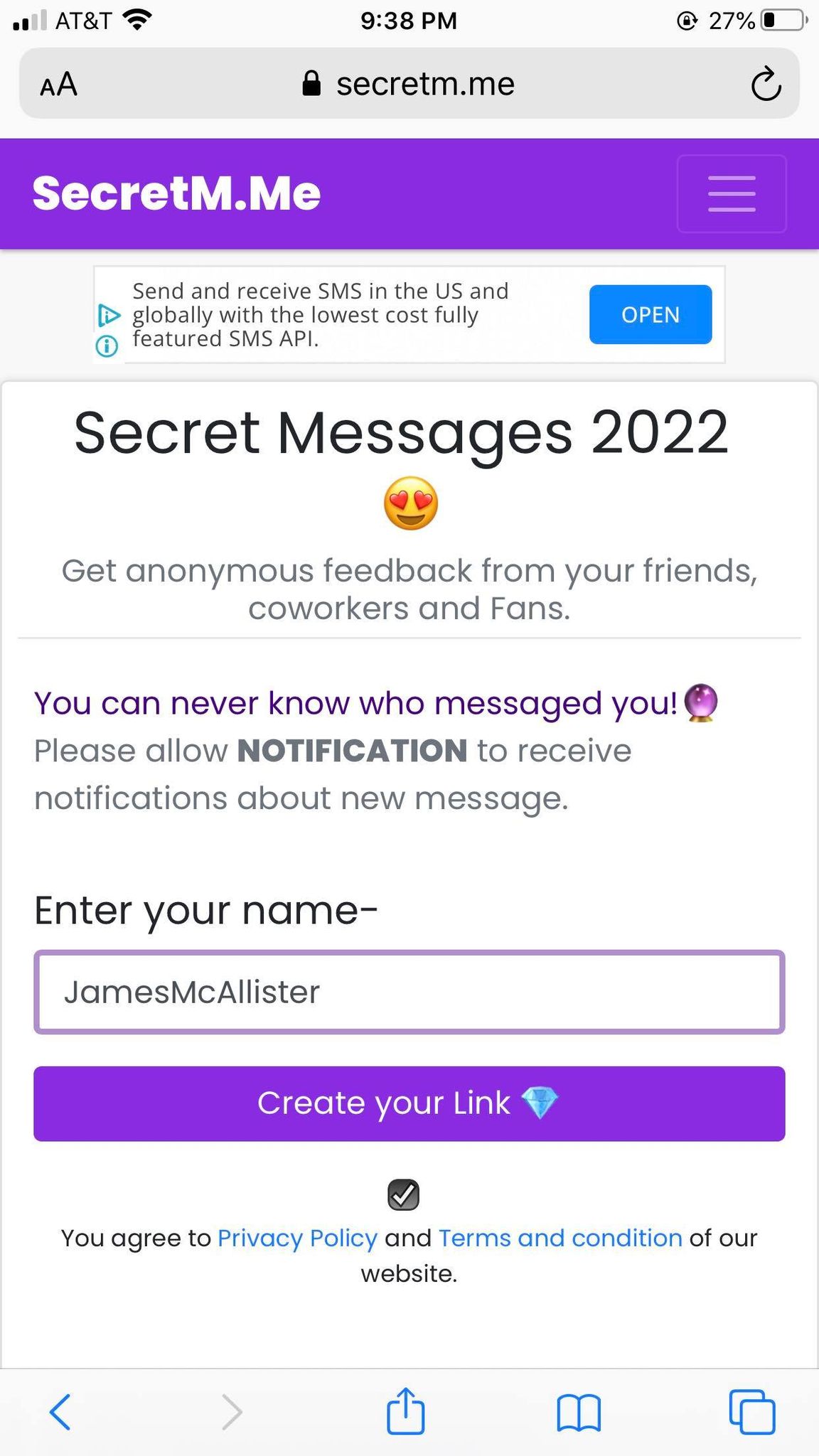 Generate Secret Message Link