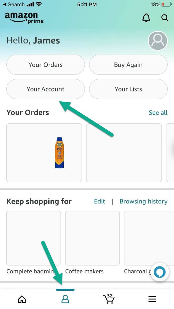 Your Account Button, Amazon App