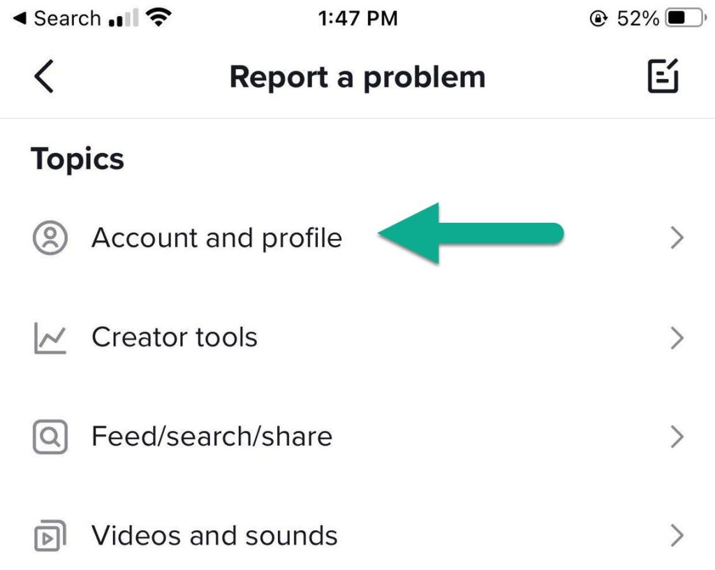 Account And Profile, Report A Problem Settings On TikTok