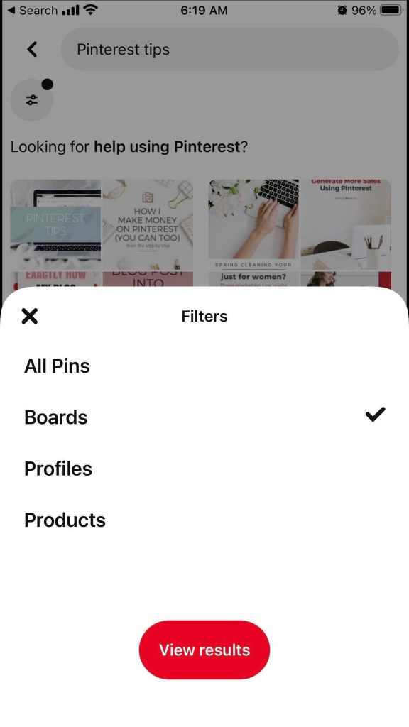 Boards Filter, Pinterest App