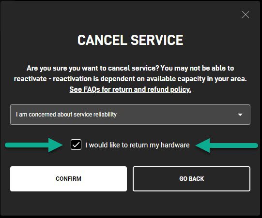 Cancel Service And Return Hardware, Starlink