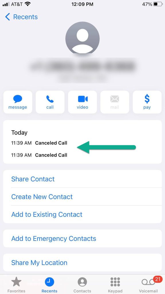 Cancelled Call Example, iPhone