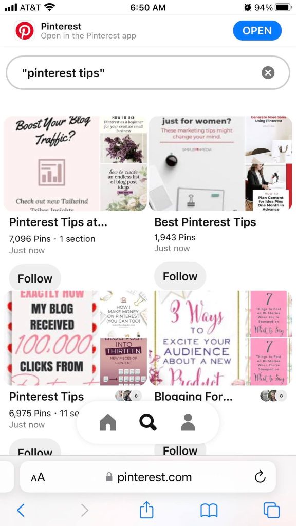 Pinterest Boards Search URL, Mobile Browser