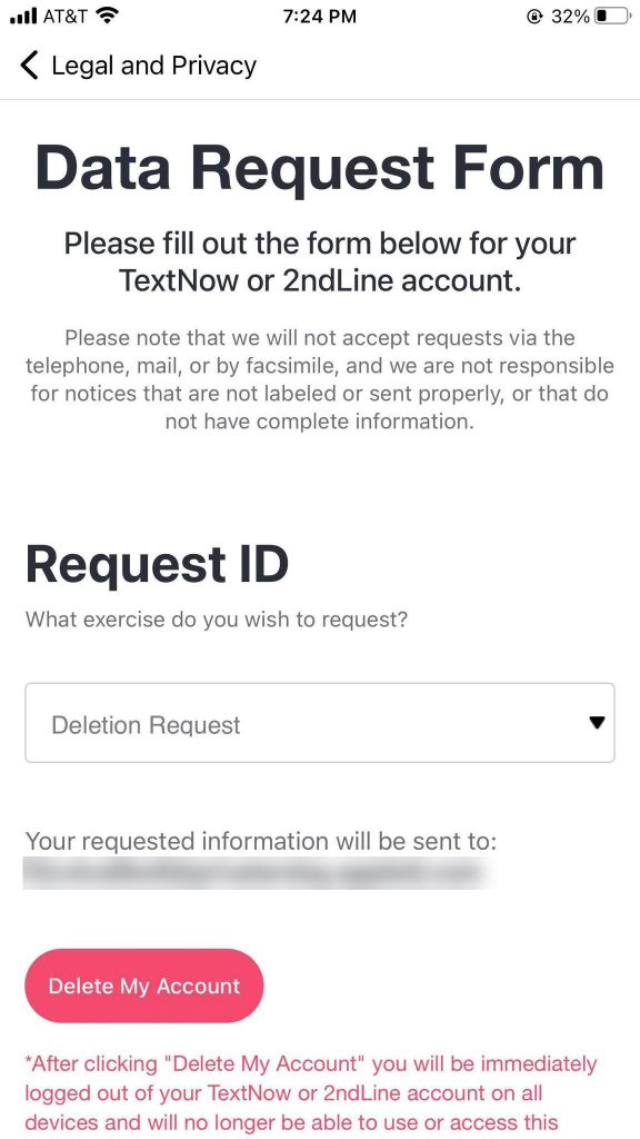 TextNow Deletion Request Form