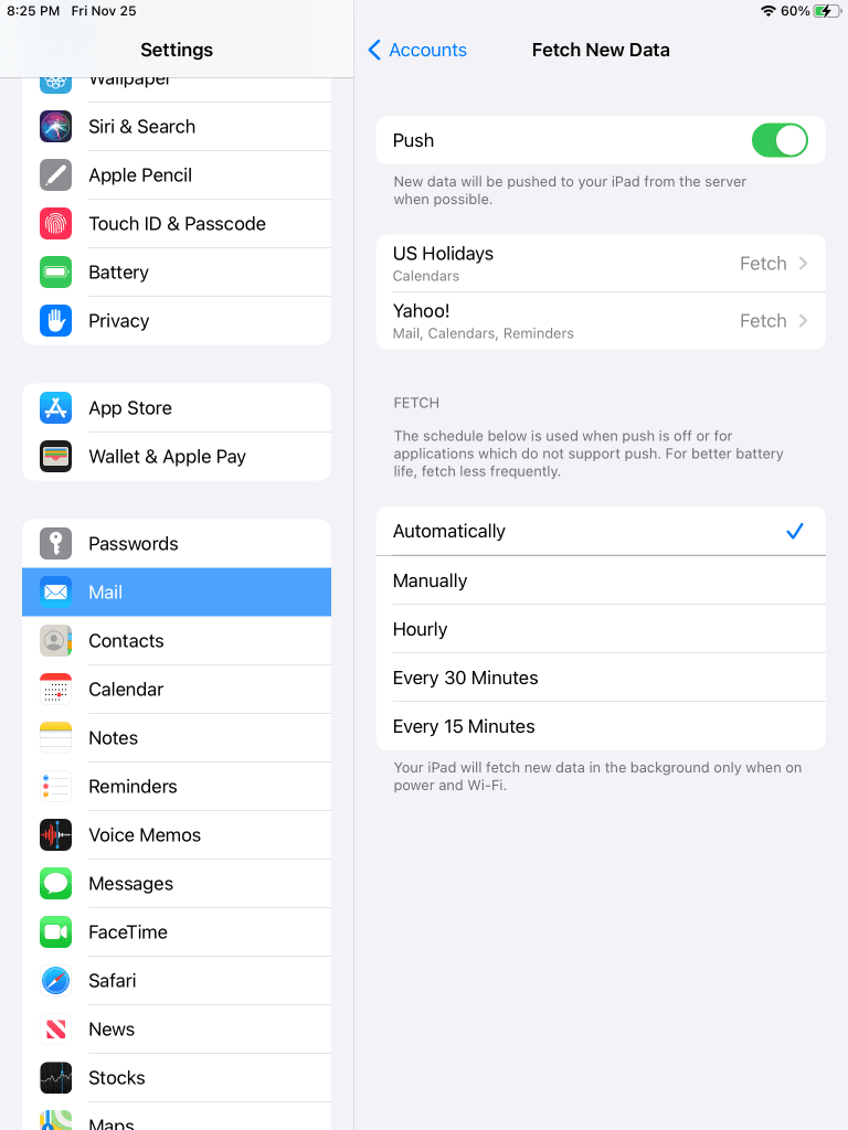 Email Push And Fetch Settings, iPad