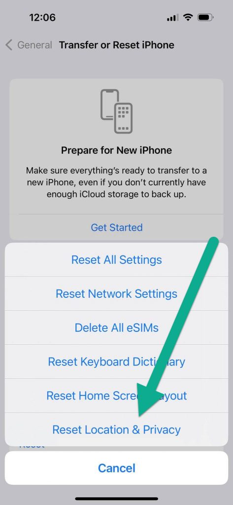 Reset Location & Privacy, iPhone Settings