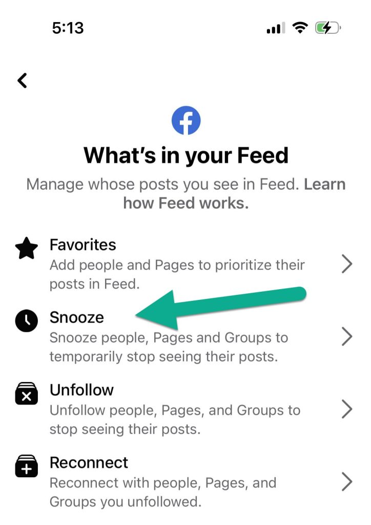Snooze Button, Facebook Mobile News Feed Settings