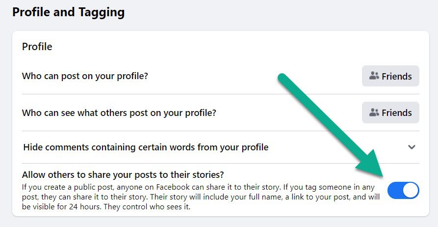 Allow Others To Share Your Posts To Their Stories Toggle, Facebook