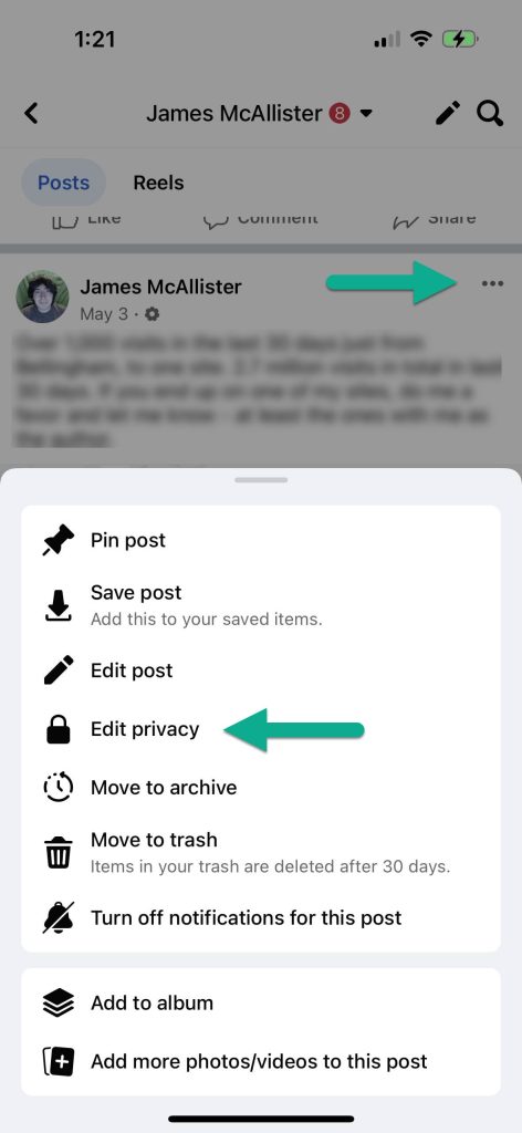 Edit Privacy Button, Facebook Mobile App