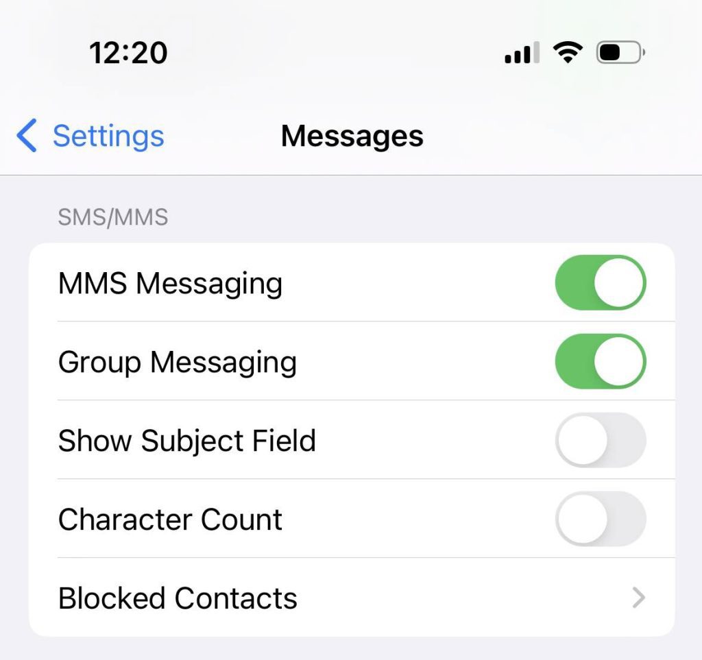 MMS Messaging Toggle, iPhone Settings