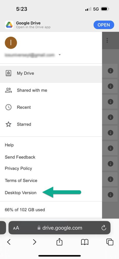Request Desktop Version Of Google Drive, iPhone